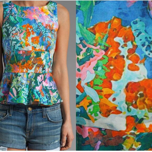 NEW Amanda Uprichard S Peplum Blue Retro Tank Top Cotton Poplin Stretchy Fitted - Picture 11 of 11